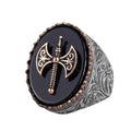 KAMBO Natural Stone 925 Sterling Silver Men's Ring – Large Oval Stone Symbolic Statement Ring (Onyx-2)