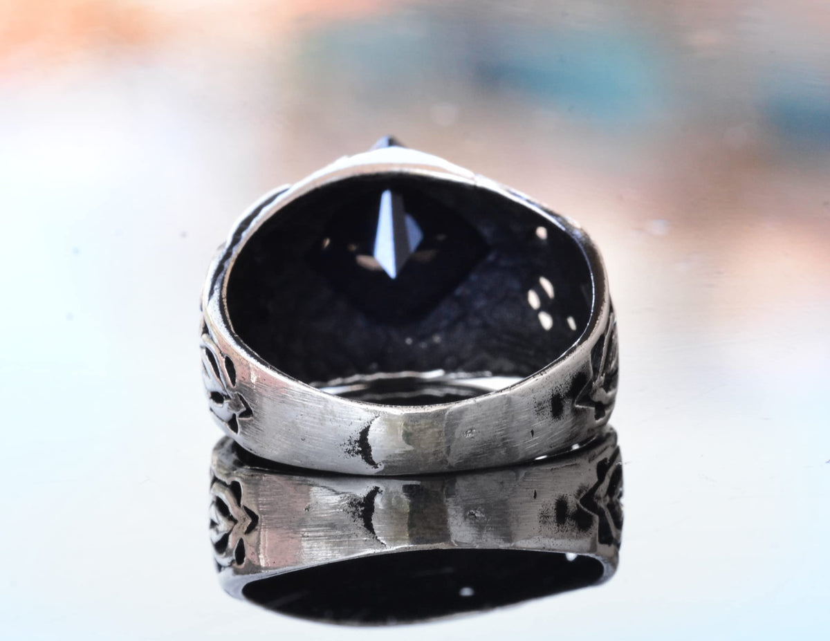 Handcrafted 925 Sterling Silver Men's Ring with Natural Obsidian Stone, Intricate Floral Design, Perfect for Scorpio, Unique Wedding Ring — 5