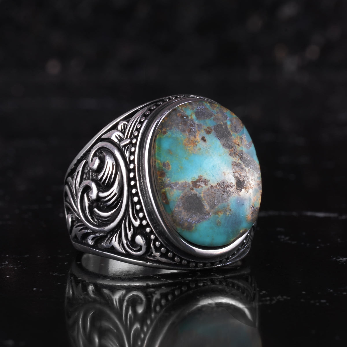 KAMBO Natural Turquoise Stone Men's Ring 925 Sterling Silver Oval Cabochon Ottoman Sliding Pattern Handmade Vintage Style Ring (Turquoise-3) — 6