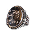 KAMBO Men's Genuine Natural Stone Ring – 925 Sterling Silver Large Statement Ring – Handmade Vintage Design – Dark Silver Ring (Smoky Topaz)