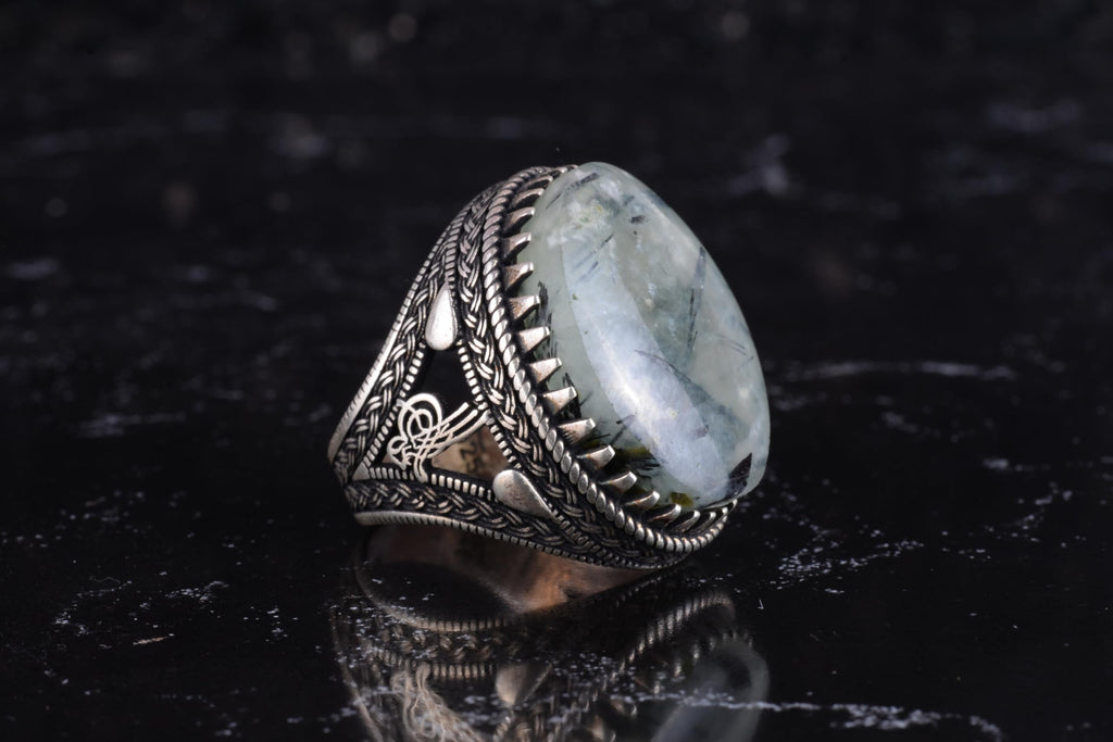 KAMBO Men's Natural Stone Ring – 925 Sterling Silver Large Statement Ring – Handmade Ottoman Pattern Jewelry (Prehnite) — 6