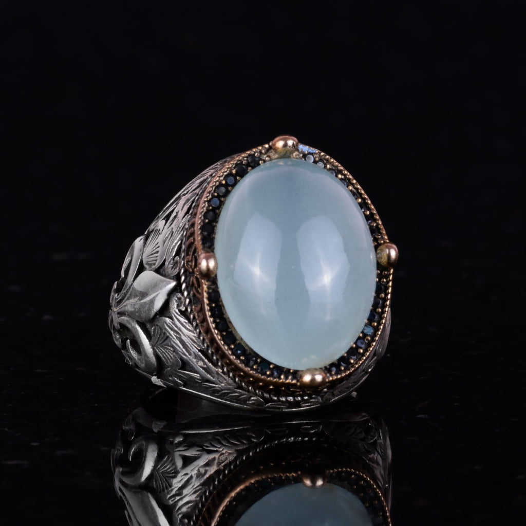 Kambo Handmade Men's Ring in 925 Sterling Silver - Available with Various Natural Gemstones (Cabochon Aquamarine) — 5