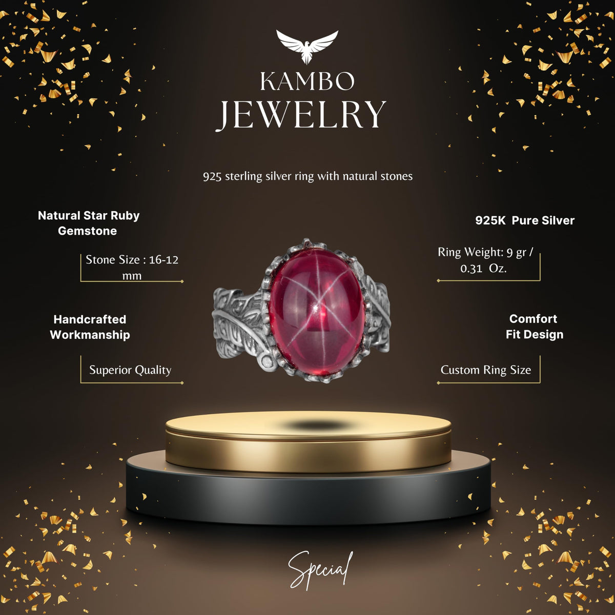 Natural Star Ruby Stone Women's Silver Ring — 2