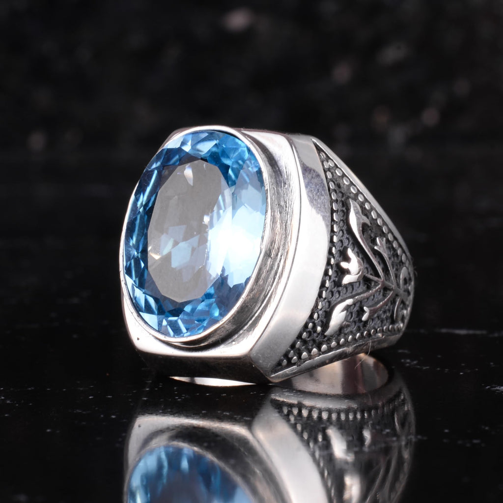 KAMBO Certified Natural Blue Topaz Stone Men's Ring 925 Sterling Silver Handmade Large Oval Stone Statement Ring — 5