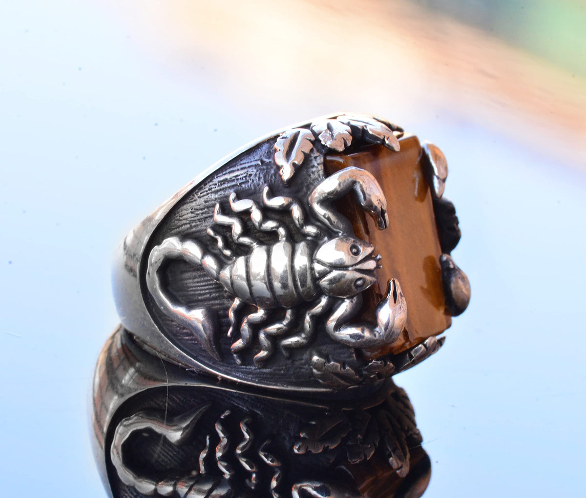 Handmade Silver Men's Ring | Natural Tiger's Eye Stone and Scorpion Design | Bold and Protective — 4