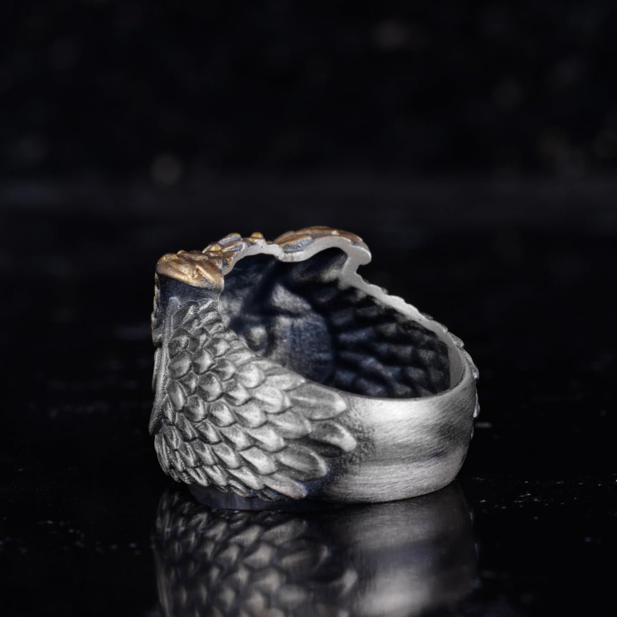 KAMBO 925 Sterling Silver Owl Head Ring – Symbol of Wisdom and Protection – Handmade Gothic Unisex Animal Jewelry (Gold Plated) — 7