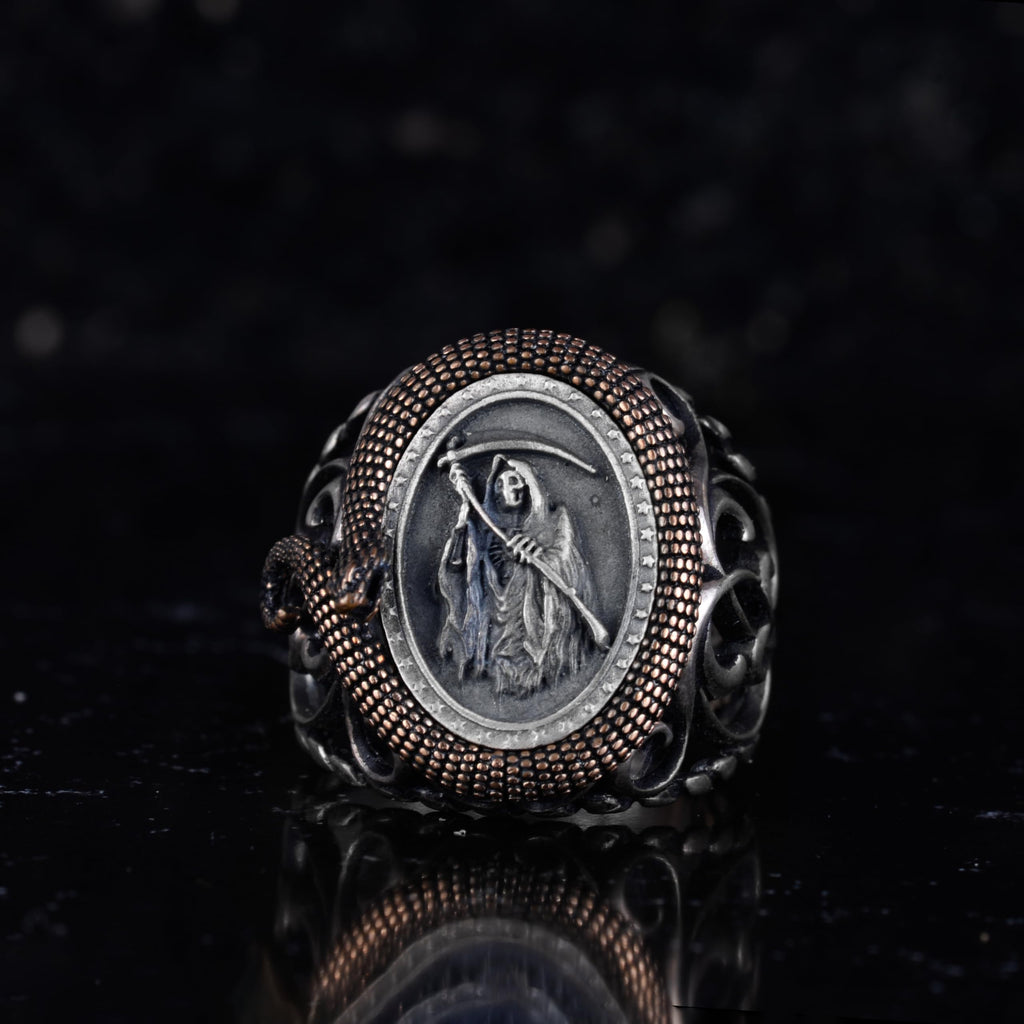 KAMBO Grim Reaper Men's Ring – 925 Sterling Silver Serpent Wrapped Frame Design – Handmade Gothic Death Reaper Jewelry – Filigree Skeleton Statement Ring — 3
