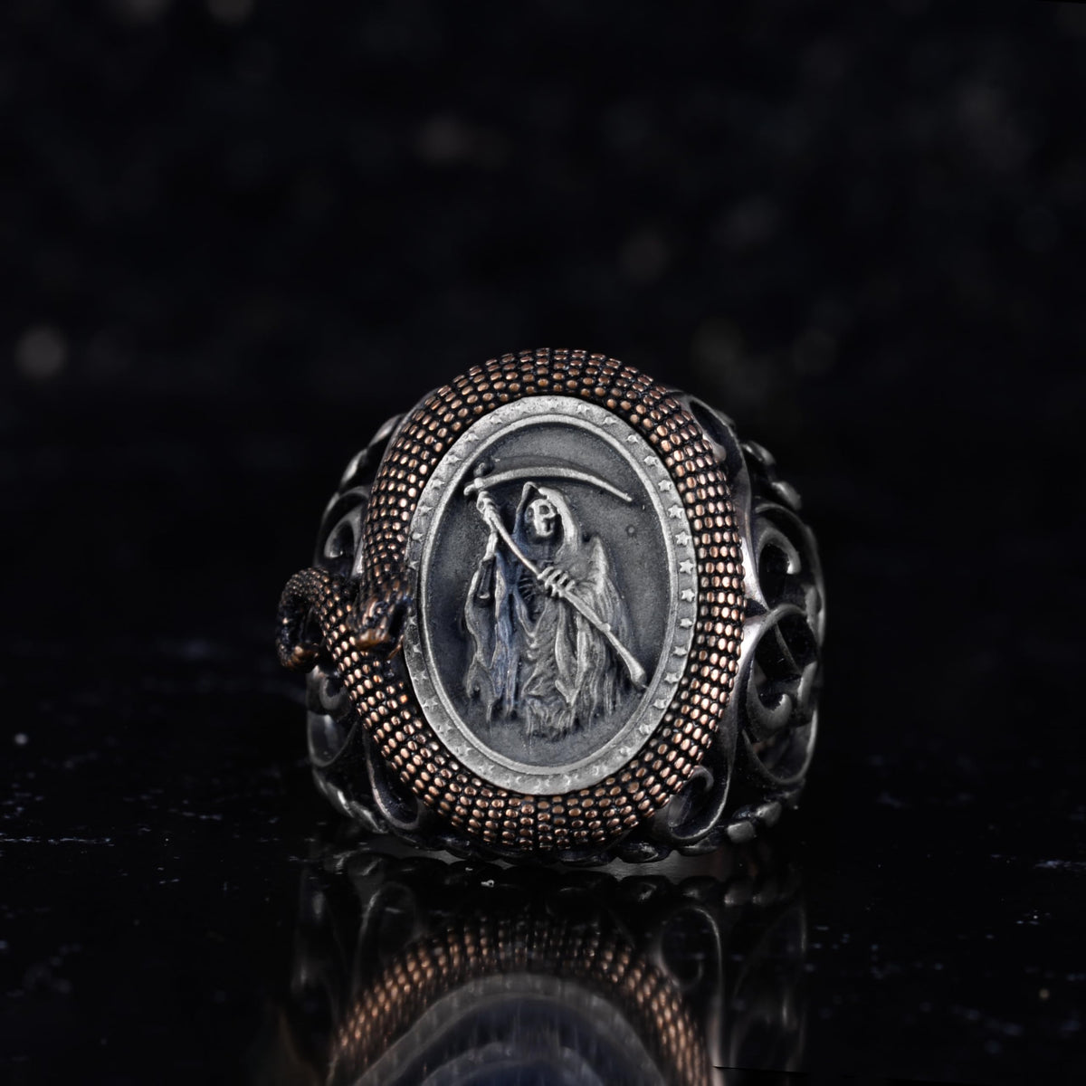 KAMBO Grim Reaper Men's Ring – 925 Sterling Silver Serpent Wrapped Frame Design – Handmade Gothic Death Reaper Jewelry – Filigree Skeleton Statement Ring — 3