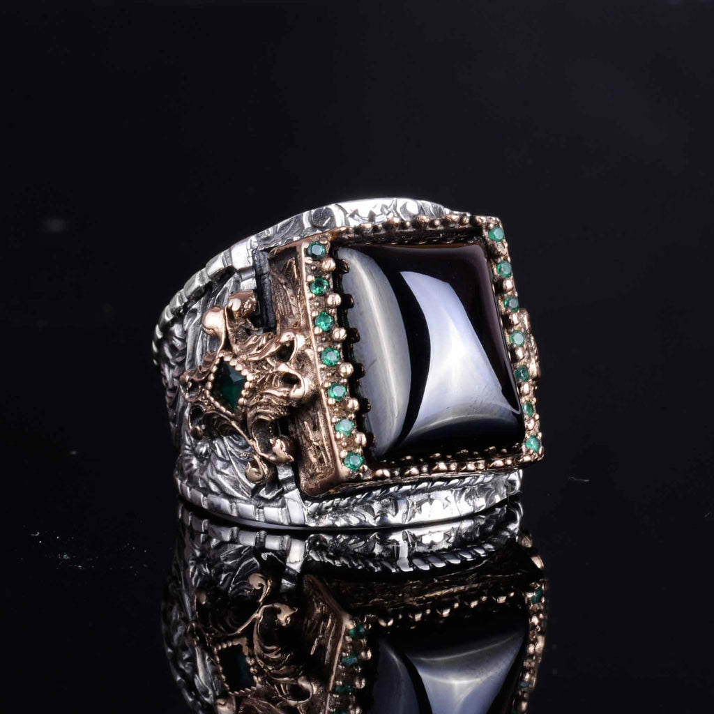 KAMBO Natural Onyx Stone 925 Sterling Silver Men's Ring – Handmade Ottoman Style Statement Ring – Vintage Turkish Jewelry — 4