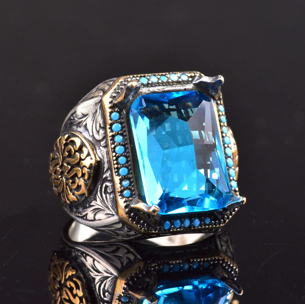 925 Sterling Silver Men's Ring, Artificial Aquamarine Stone and Fine Detailed Design — 7
