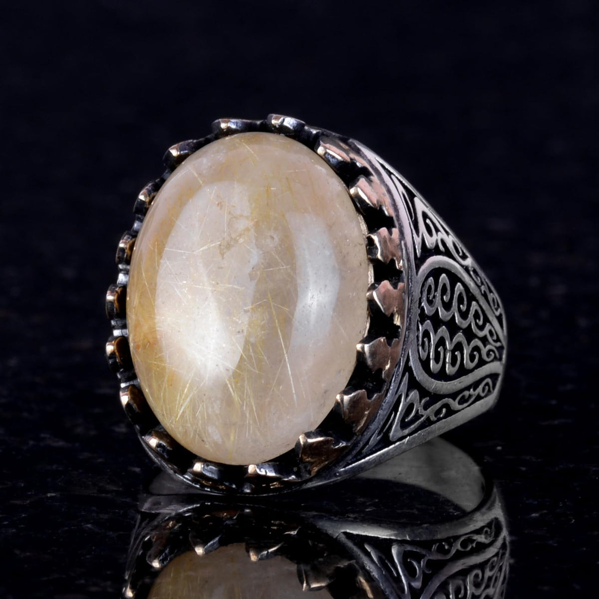 925 Sterling Silver Men's Ring - Handmade Elegance with Gold Rutilated Quartz Stone — 3