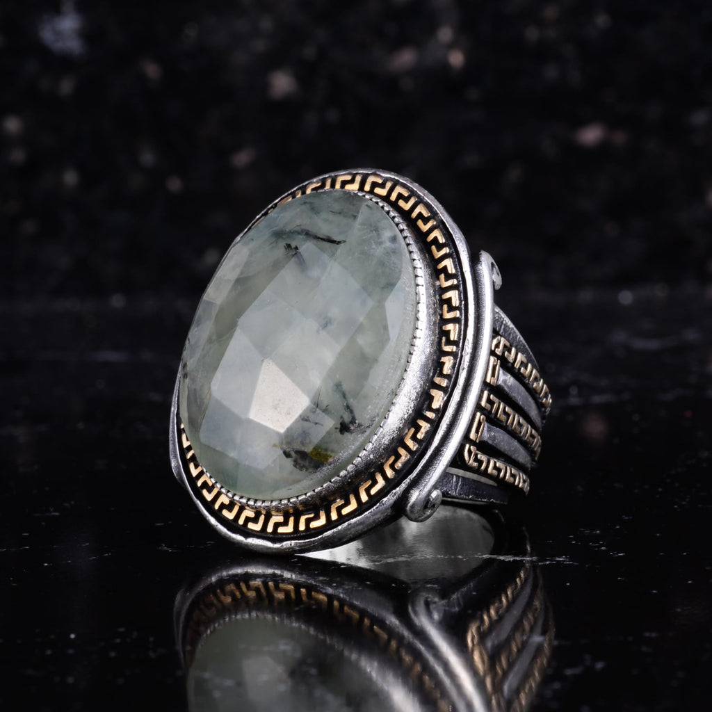 KAMBO Men's Genuine Natural Stone Ring – 925 Sterling Silver Large Statement Ring – Handmade Vintage Design – Dark Silver Ring (Prehnite) — 5