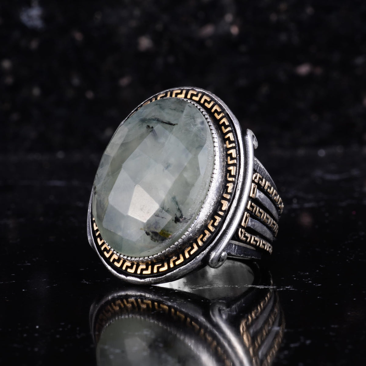 KAMBO Men's Genuine Natural Stone Ring – 925 Sterling Silver Large Statement Ring – Handmade Vintage Design – Dark Silver Ring (Prehnite) — 5