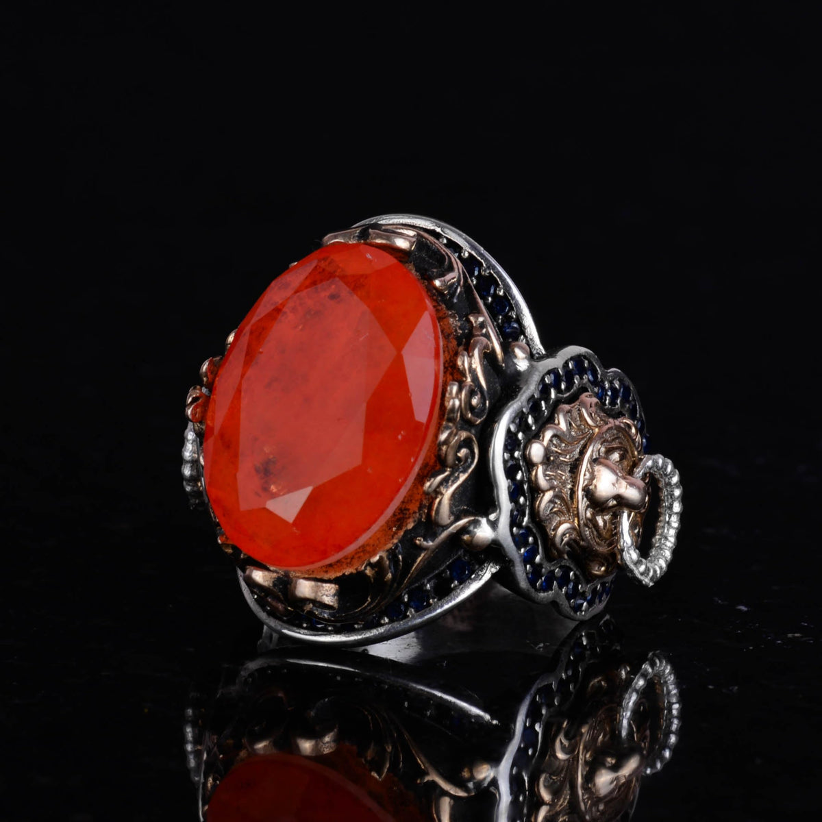 925 Sterling Silver Ring, Orange Synthetic Paraiba Stone Ring, Handmade Lion Head Men's Ring — 5