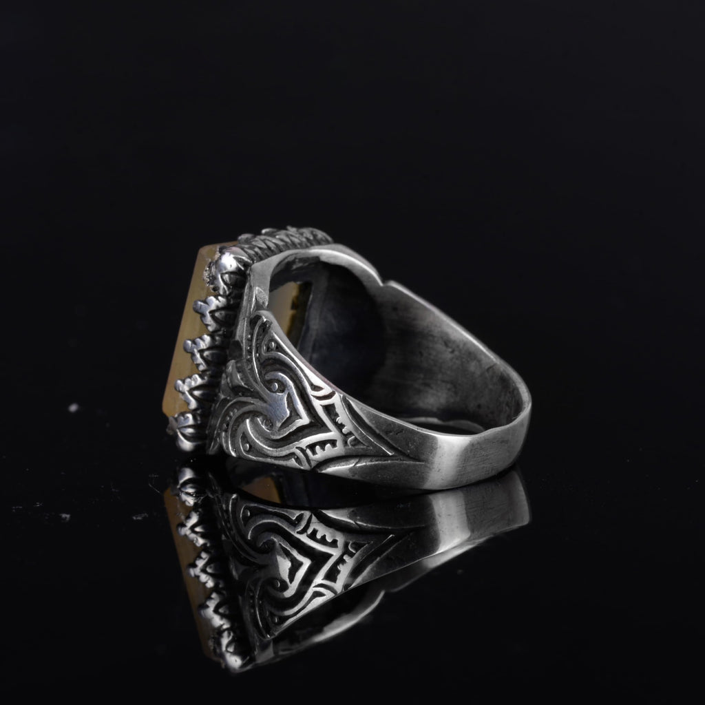 KAMBO Natural Agate Stone Men's Ring – Square Stone Vintage Design 925 Sterling Silver Handmade Ring — 6