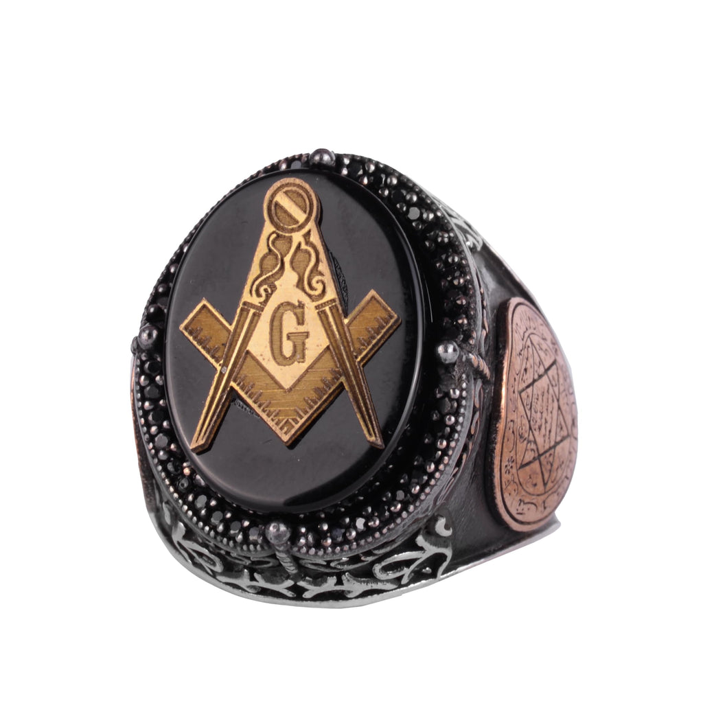 KAMBO Men's Onyx Stone Masonic Square and Compass Symbol Ring – Star of David Details – Statement Ring