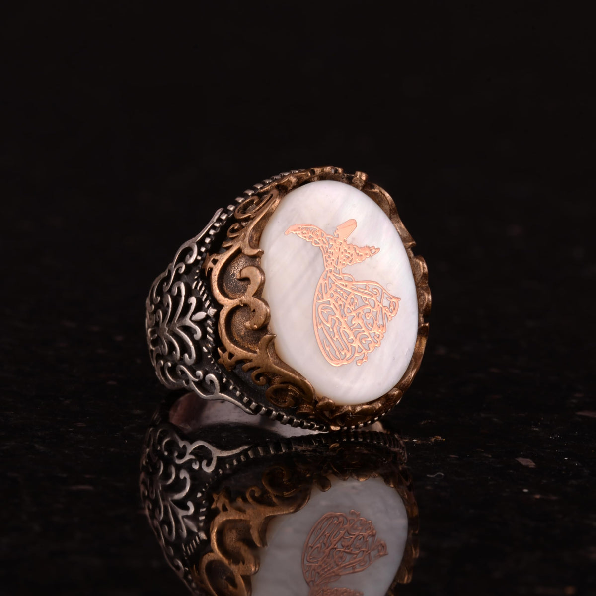 Natural Pearl Stone Ring, Mevlevi Islamic 925 Sterling Silver Men's Ring — 4