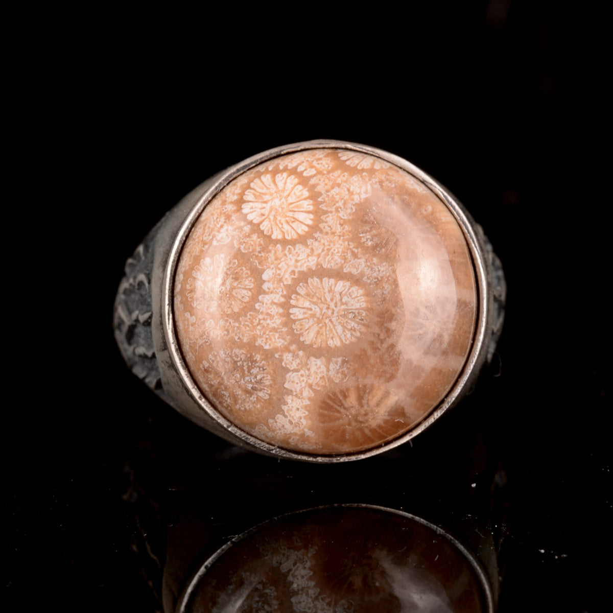 Natural Coral Stone Ring, 925 Sterling Silver Ring — 6