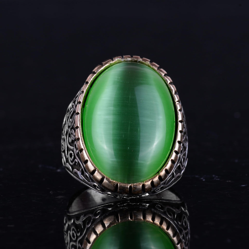 925 Sterling Silver Men's Ring, Large Ring (Light Green Cat's Eye Stone) — 4