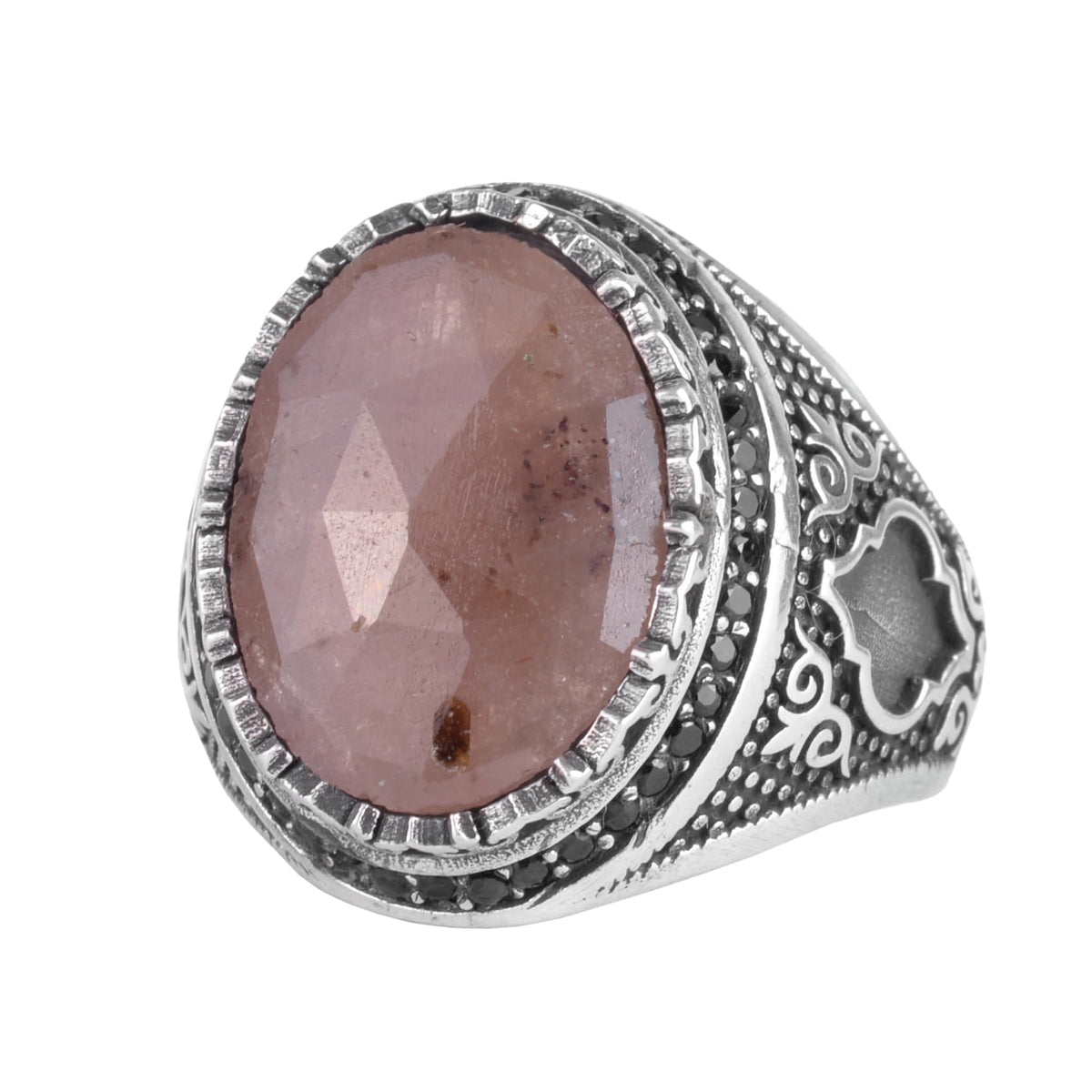 Natural Sapphire Stone Men's Ring 925 Sterling Silver Tooth Frame Black Stone Halo Handmade Statement Ring