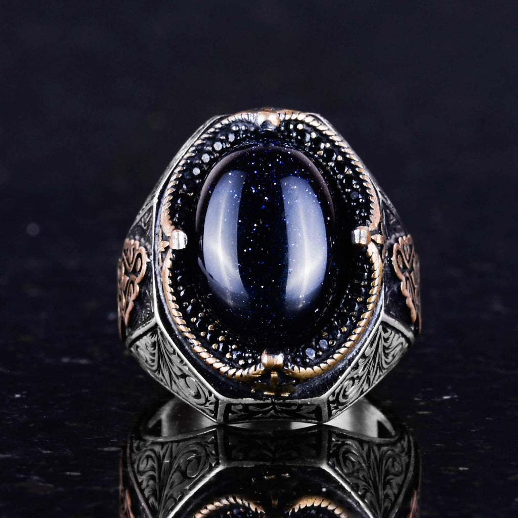 Blue Synthetic Sunstone Ring, 925 Sterling Silver Men's Ring, Stylish Handmade Silver Ring — 4