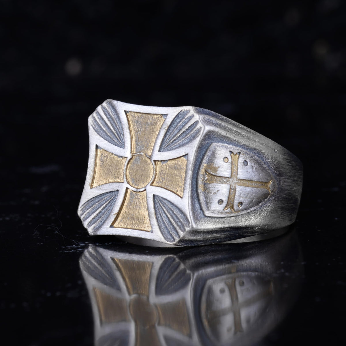 KAMBO 925 Sterling Silver Cross Designed Men's Ring – Handmade Vintage Style Religious Ring (Gold Plated) — 5