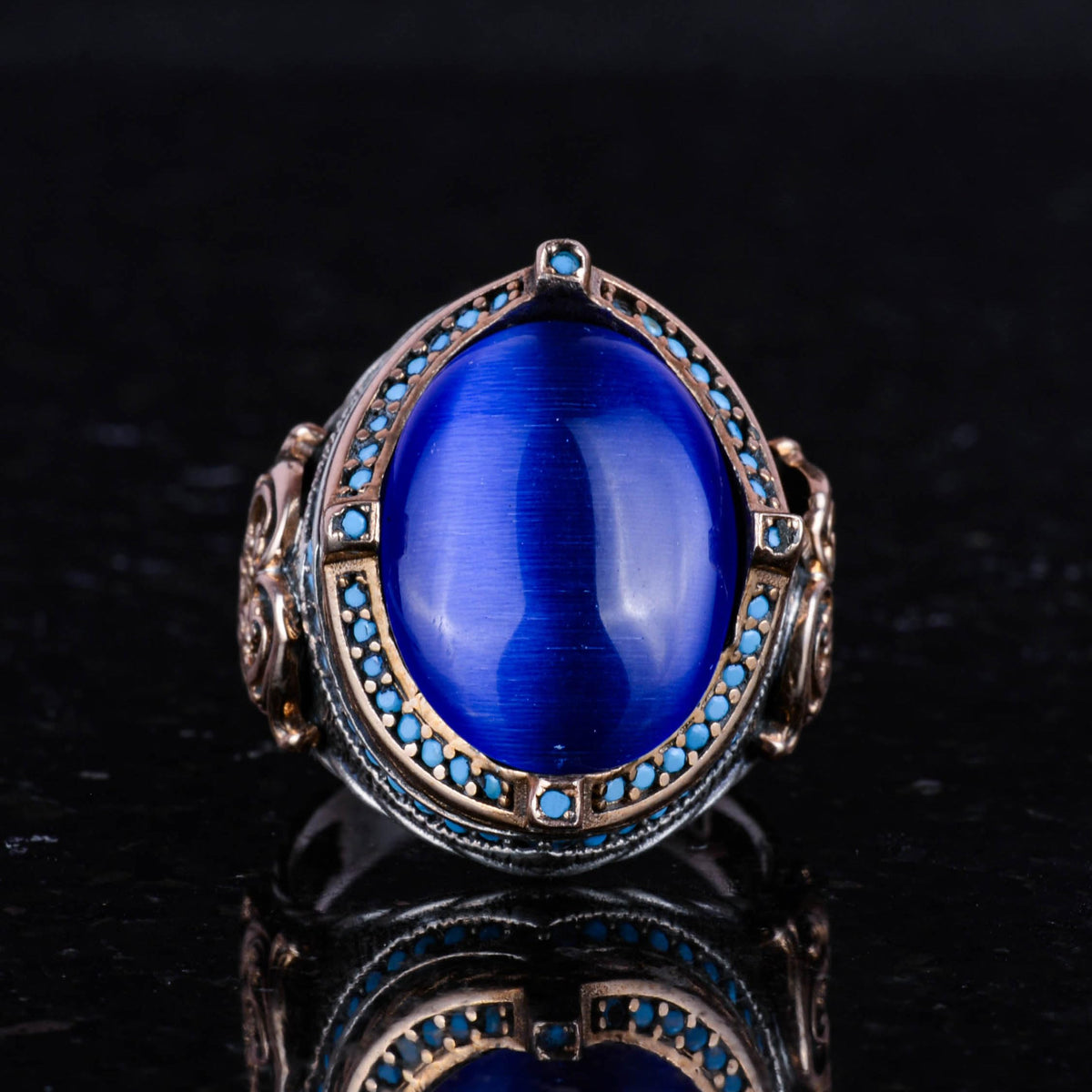925 Sterling Silver Men's Ring, Blue Cat Eye Stone, Handmade Vintage Design Ring — 4