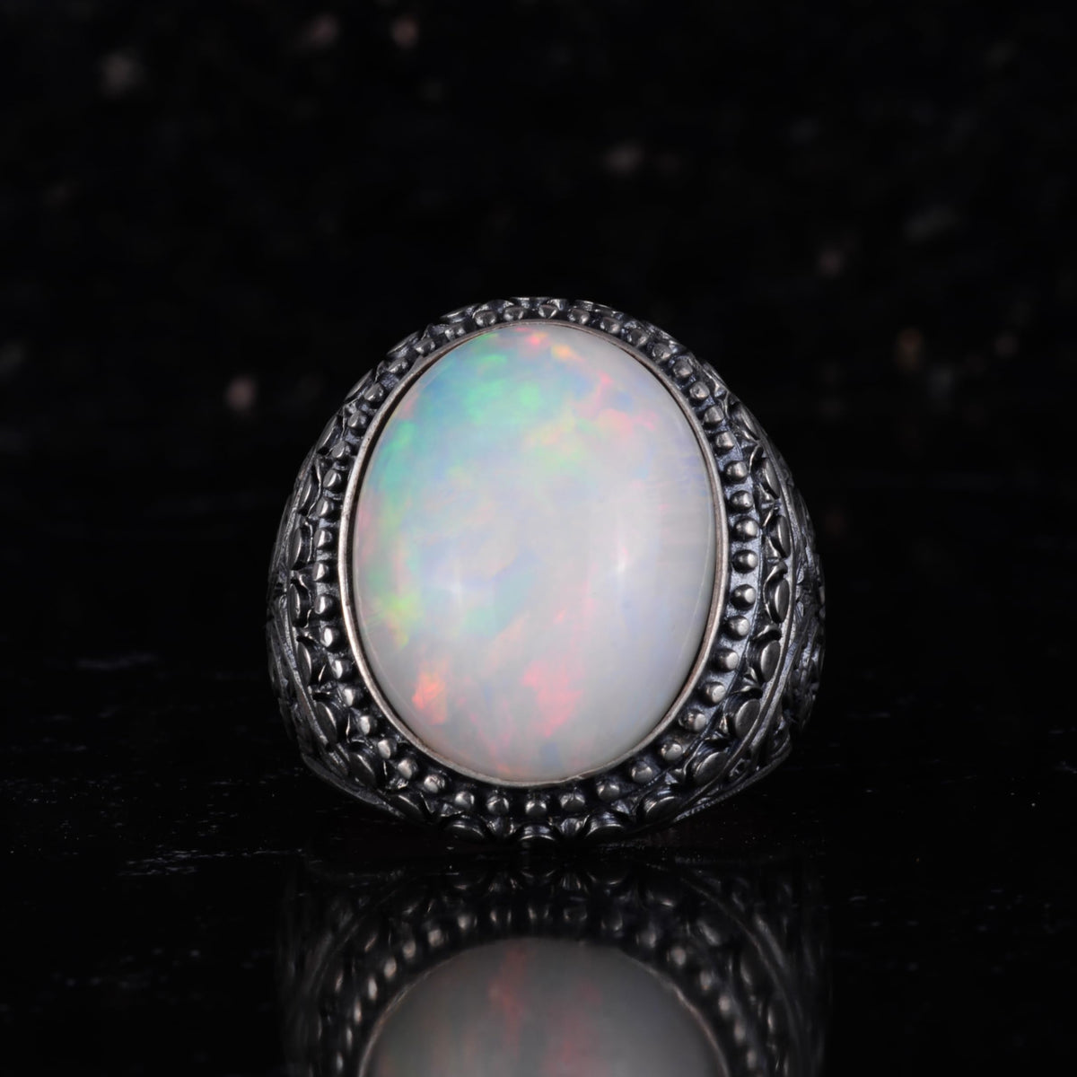 KAMBO Men's Natural Opal Stone Ring – 925 Sterling Silver Handmade Statement Ring – Large Oval Opal Ring for Men — 4