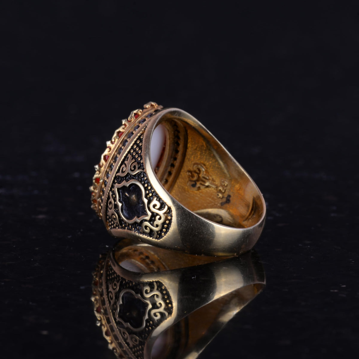 Men's Islamic Ring - 925 Sterling Silver Gold Plated Men's Ring (Red) — 7