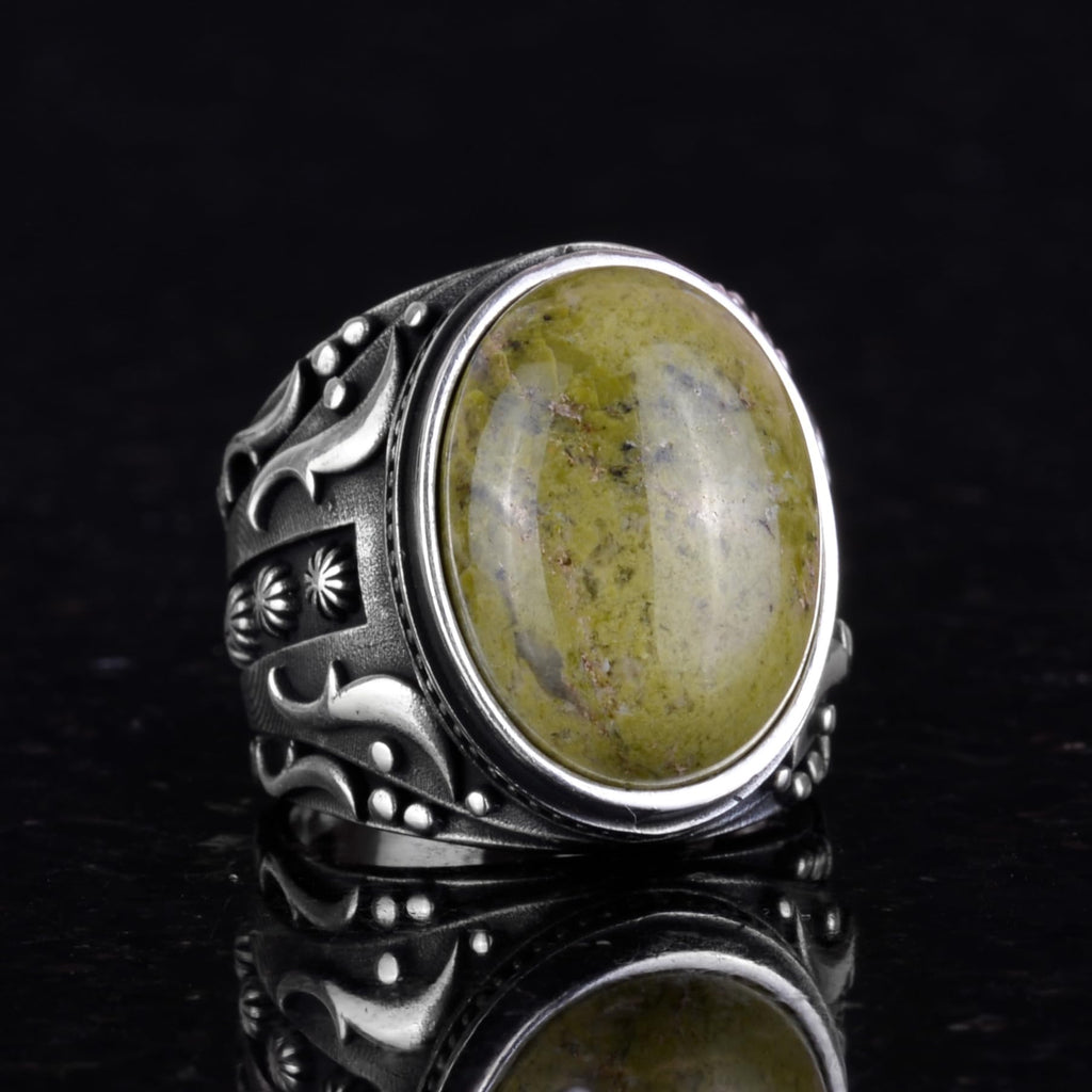 Handcrafted 925 Sterling Silver Men's Ring - with Natural Unakite Stone — 5