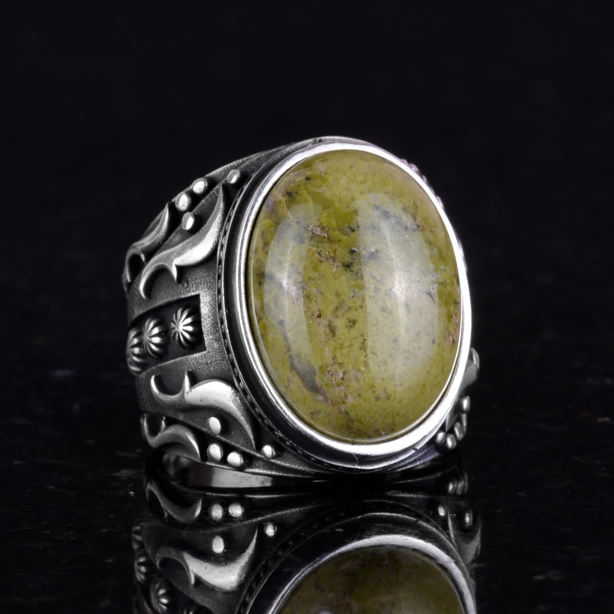 Handcrafted 925 Sterling Silver Men's Ring - with Natural Unakite Stone — 5