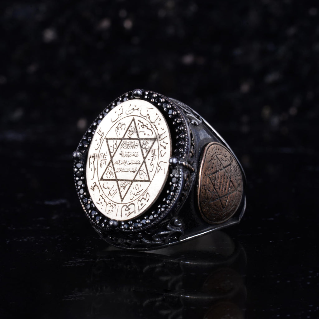 KAMBO Large Men's 925 Sterling Silver Ring – Bronze Star of David Details – Symbolic Statement Ring (Seal of Solomon) — 5