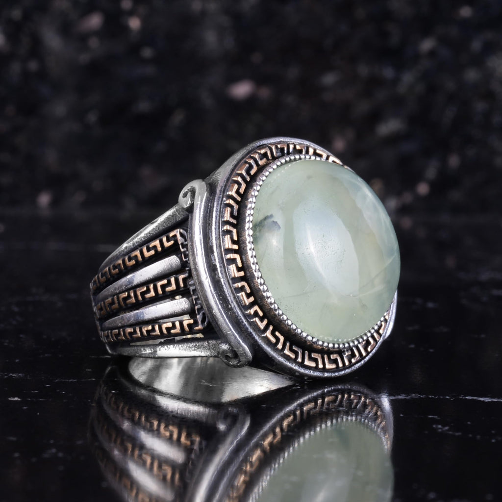 KAMBO Stone Round Men's Ring 925 Sterling Silver – Cabochon Handmade Vintage Greek Pattern Statement Ring (Prehnite) — 6