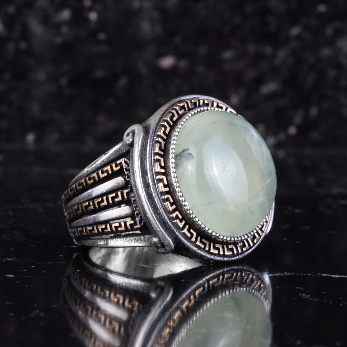 KAMBO Stone Round Men's Ring 925 Sterling Silver – Cabochon Handmade Vintage Greek Pattern Statement Ring (Prehnite) — 6