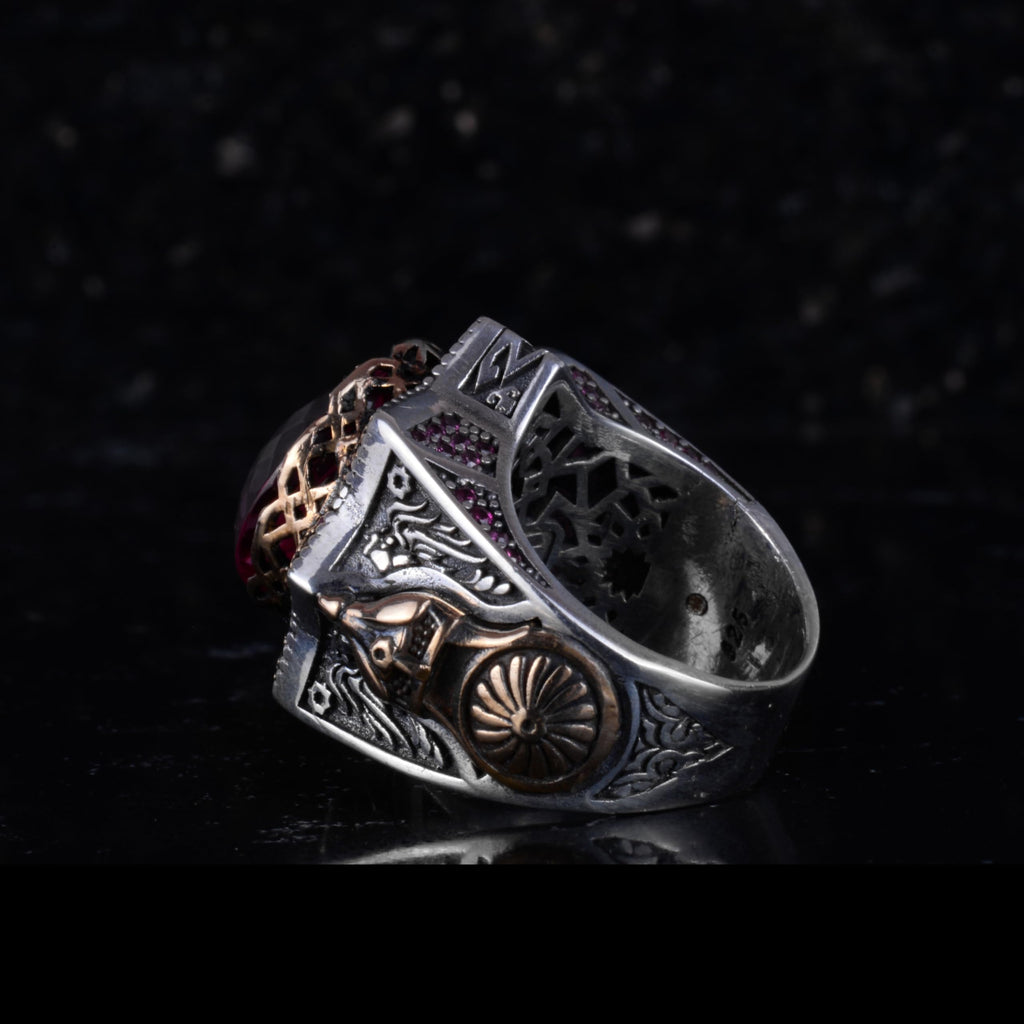 KAMBO Certified Natural Pink Spinel Stone Men's Ring – Bronze Detailed 925 Sterling Silver – Certified Gemstone Handmade Statement Ring — 6