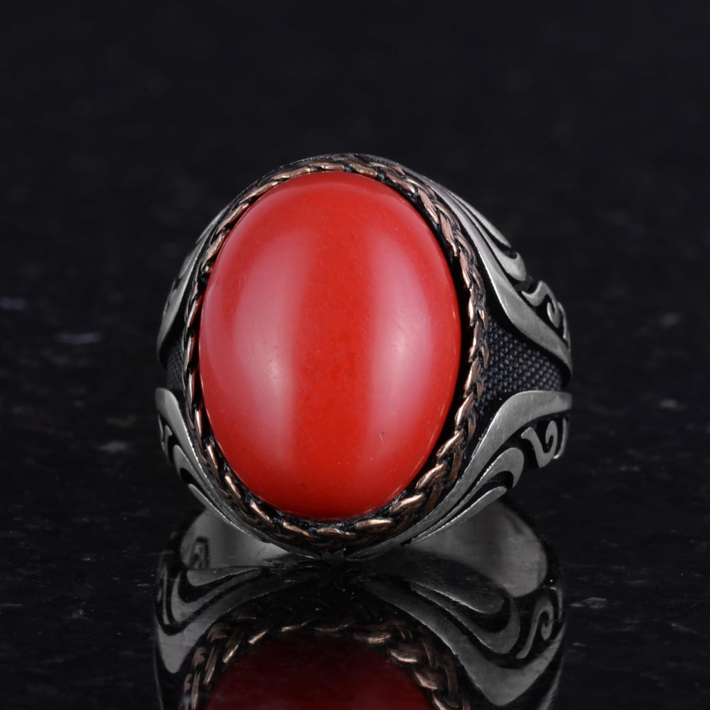 925 Sterling Silver Ring - Artificial Stone Silver Ring - Handmade Ring (Artificial Red Coral) — 6