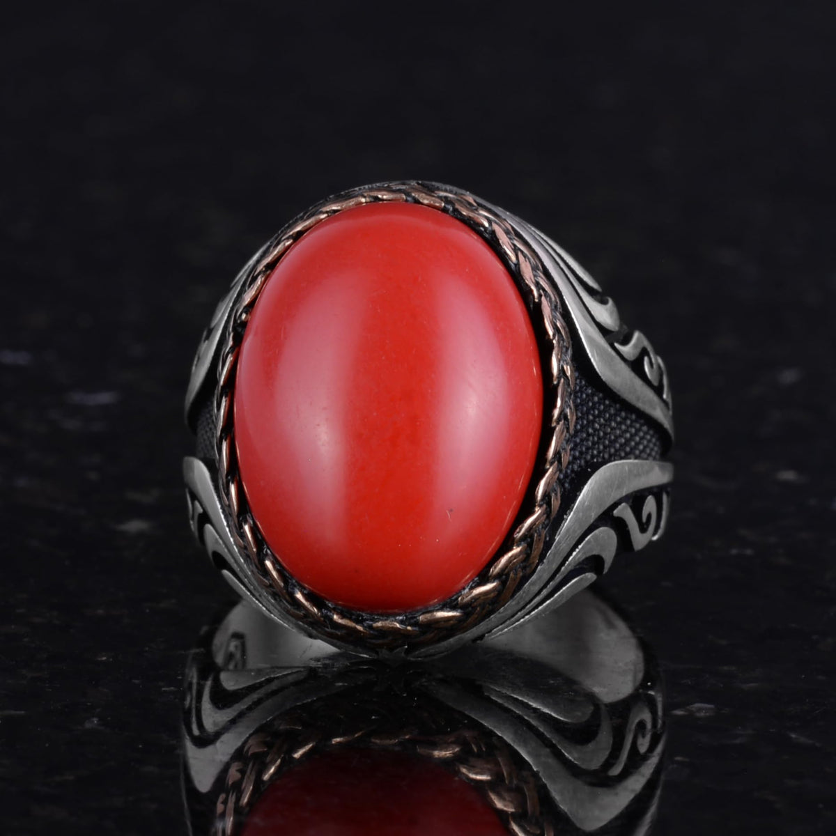 925 Sterling Silver Ring - Artificial Stone Silver Ring - Handmade Ring (Artificial Red Coral) — 6
