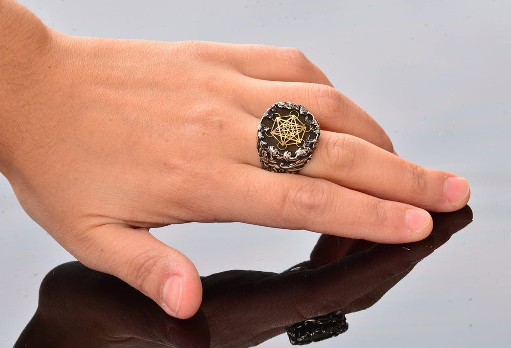 Sacred Geometry Men's Ring, 925 Sterling Silver Metatron Cube Design — 6