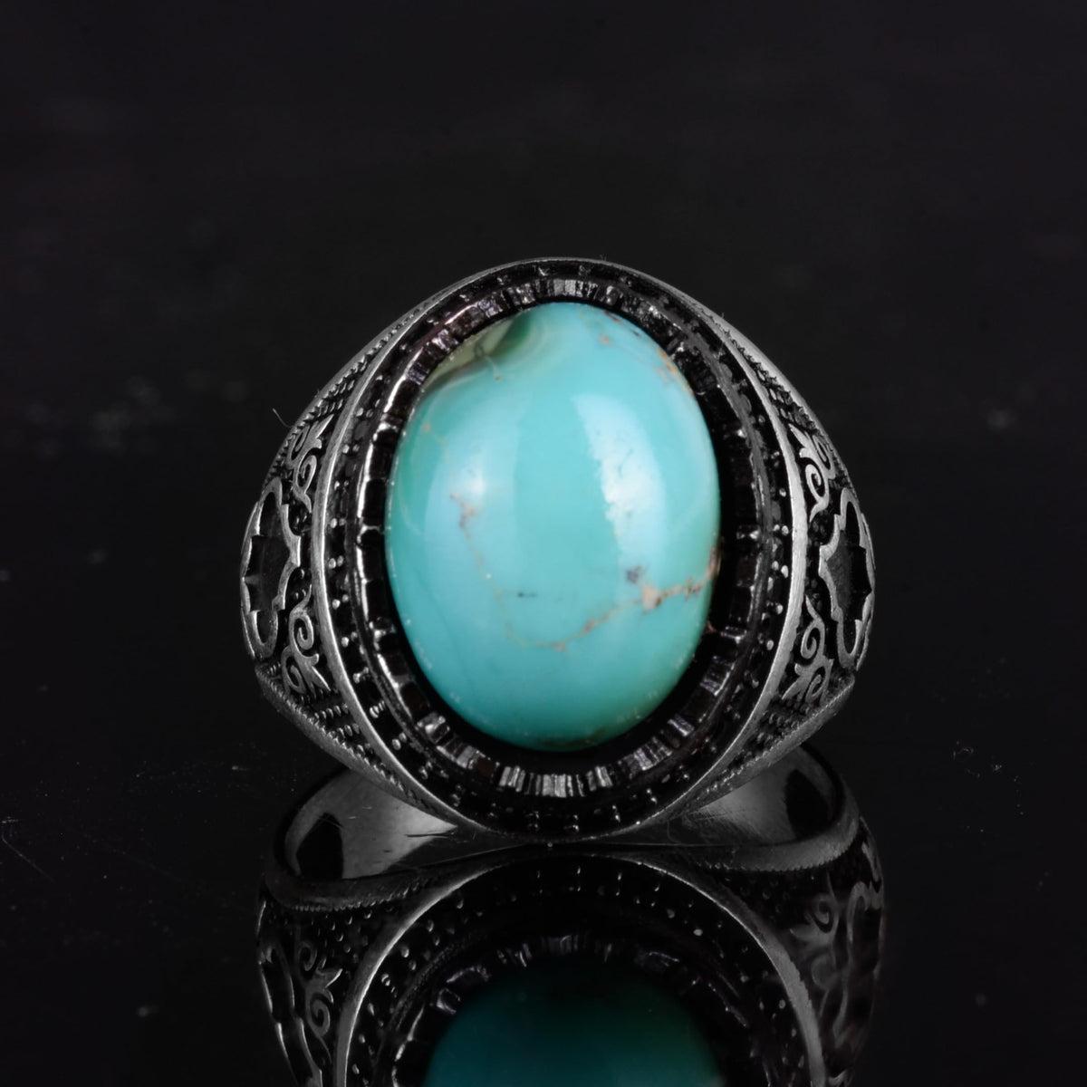 KAMBO Natural Turquoise Stone 925 Sterling Silver Men's Ring - Seljuk Figure Pattern Vintage Statement Jewelry (Style-1) — 4
