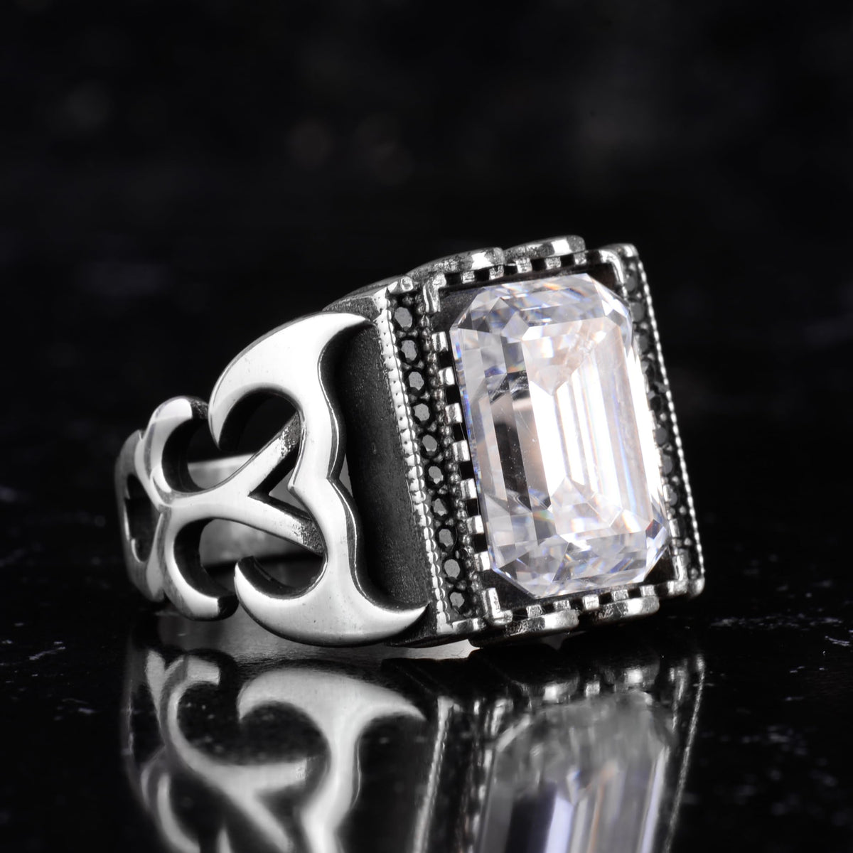 Certified Natural Diamond Moissanite Stone Men's Ring 925 Sterling Silver – Black Stone Detailed Rectangular Statement Ring — 7