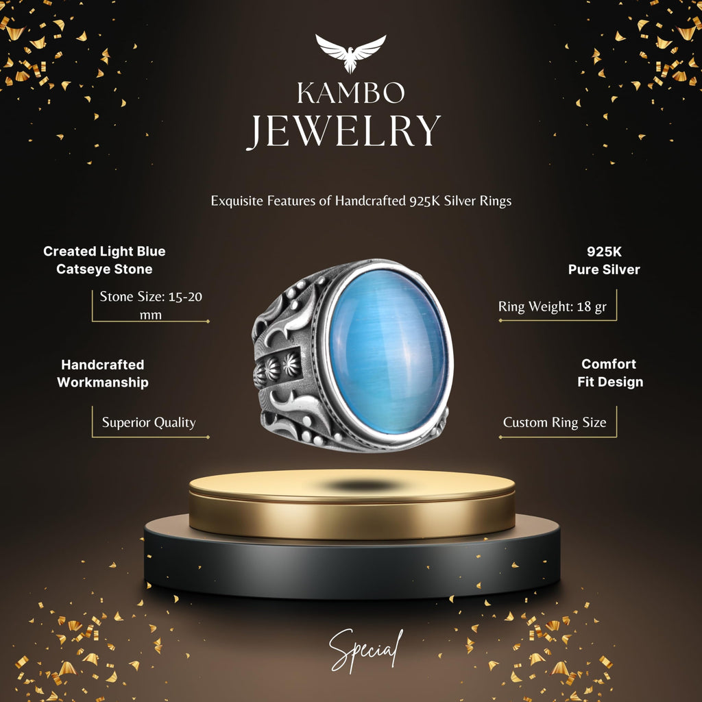 925 Sterling Silver Men's Ring - Designer Silver Men's Ring (Artificial Light Blue Cat's Eye Stone) — 2