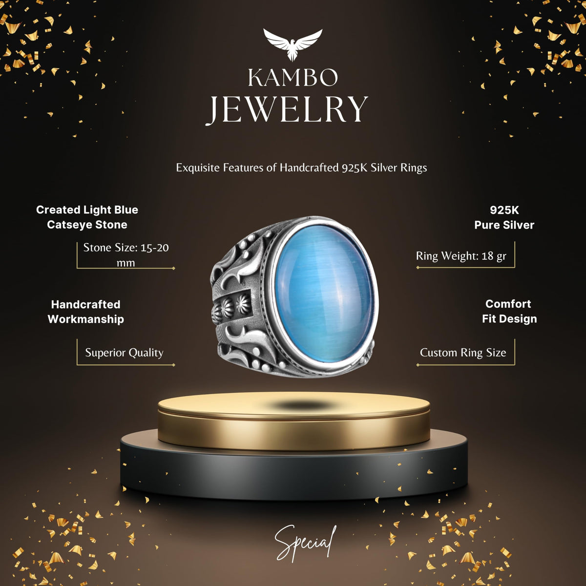 925 Sterling Silver Men's Ring - Designer Silver Men's Ring (Artificial Light Blue Cat's Eye Stone) — 2