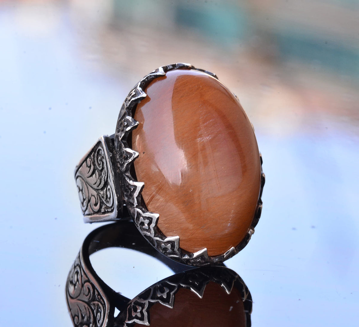 Handcrafted 925 Sterling Silver Men's Ring, Gold Rutilated Quartz Stone — 3