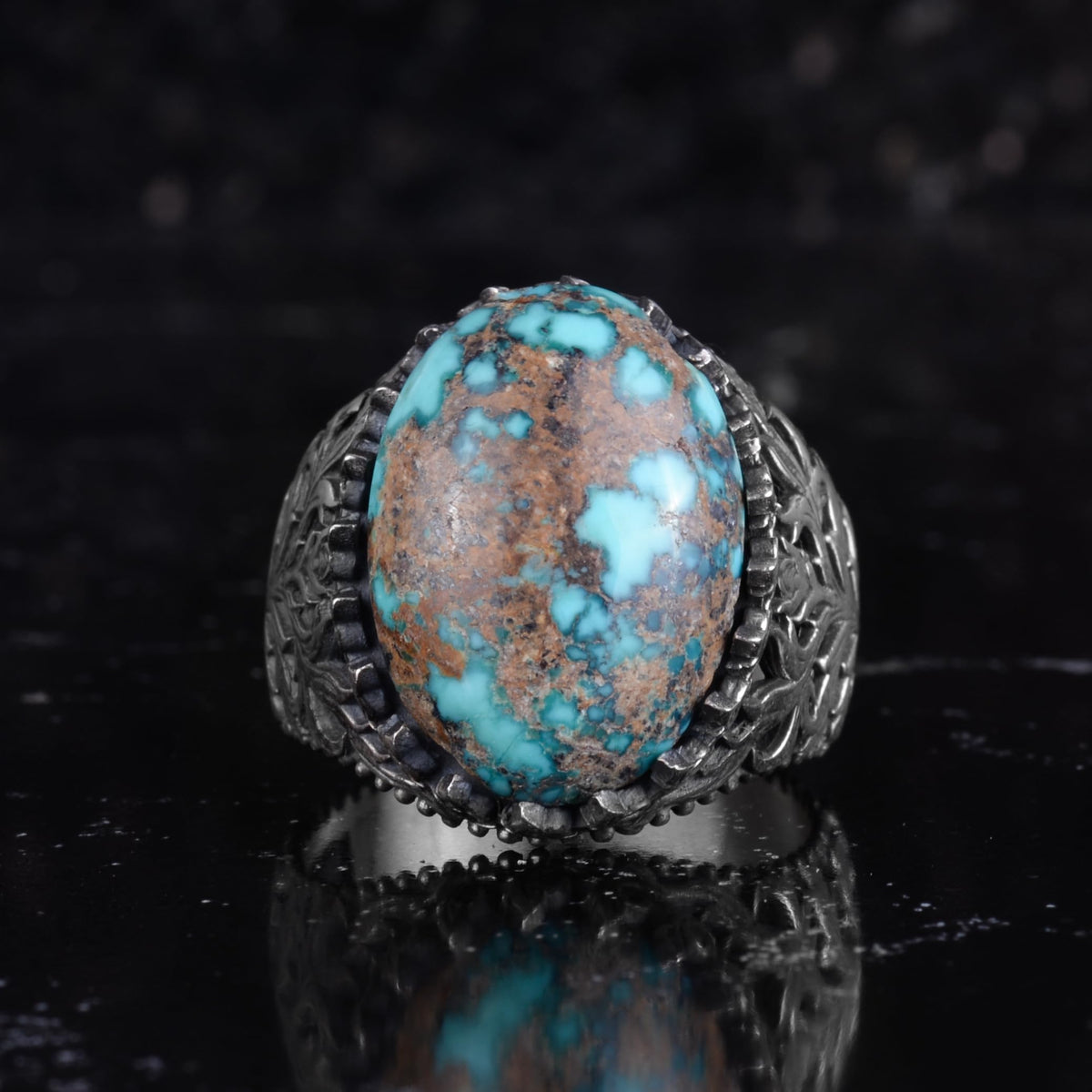 KAMBO Natural Turquoise Stone Ring for Men 925 Sterling Silver Handmade Vintage Statement Ring Blue Green Stone — 4