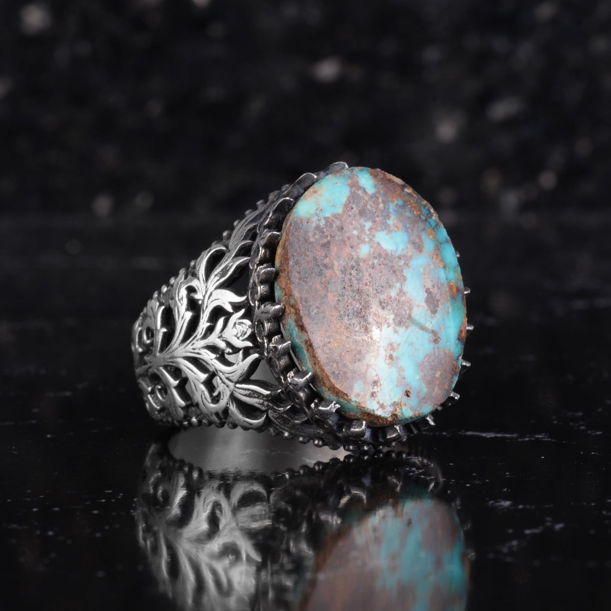 KAMBO Natural Turquoise Stone Men's Ring 925 Sterling Silver Oval Handmade Vintage Style Statement Ring (Turquoise-2) — 6