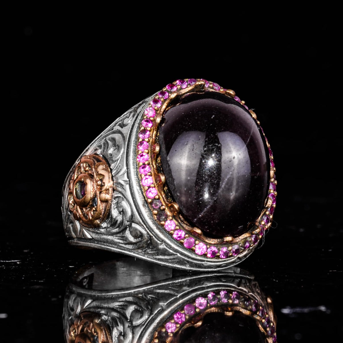 925 Sterling Silver Men's Ring with Natural Star Garnet Stone - Handmade Expressive Jewelry, Gift for Him — 5
