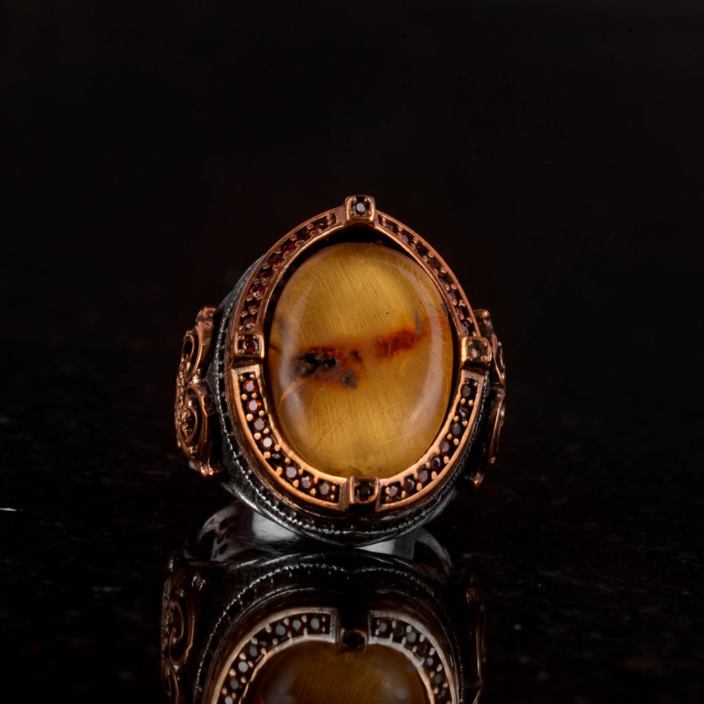 925 Sterling Silver Men's Ring, Amber Stone Ring — 3