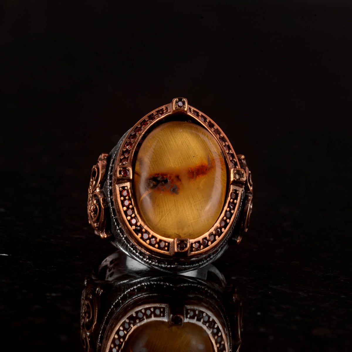 925 Sterling Silver Men's Ring, Amber Stone Ring — 3