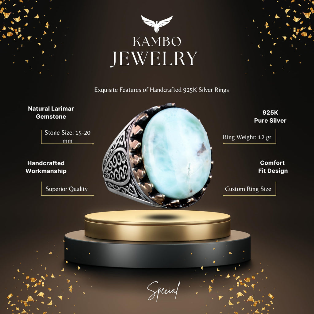 925 Sterling Silver Men's Ring - Handmade Elegance with Natural Larimar Stone — 2