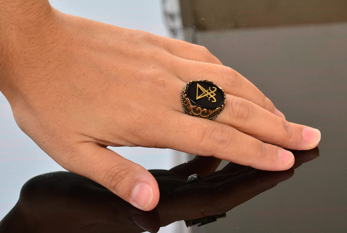 Natural Obsidian Stone Ring - 925 Sterling Silver Ring - Seal Ring (Satanic) — 6
